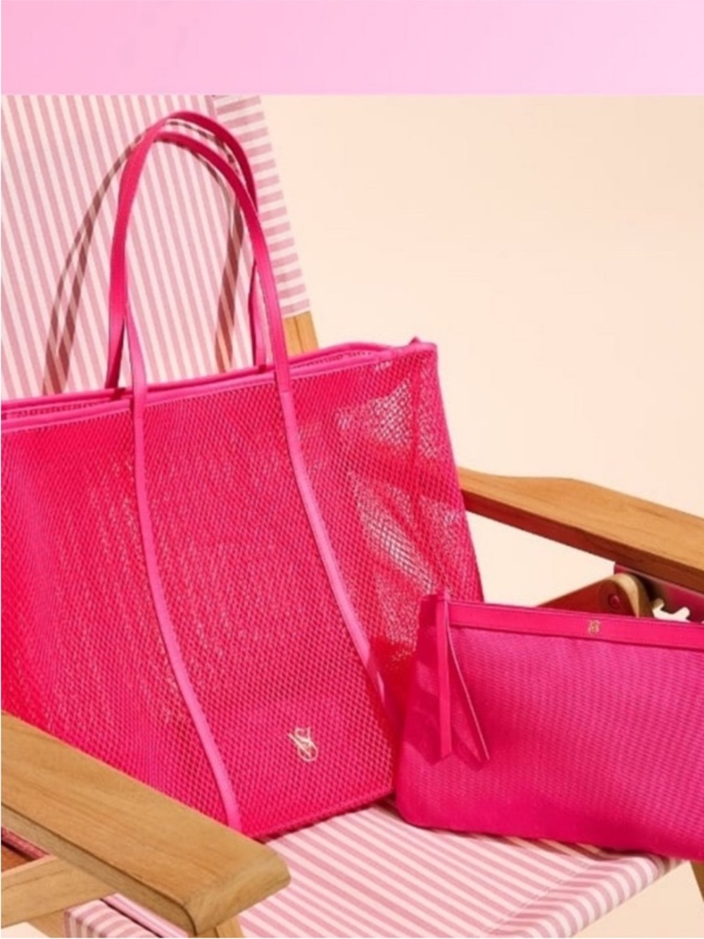 MAKE OFFER - VICTORIAS SECRET Hot Pink Mesh Beach Shoulder Tote Matching Pouch